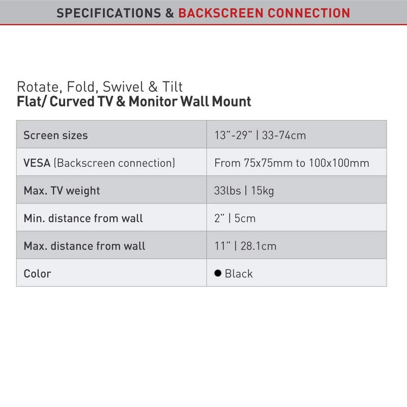 Barkan TV and Monitor Wall Mount, 13 - 29 inch Full Motion Articulating - 4 Movement Flat / Curved Screen Bracket, Holds up to 33 lbs, Lifetime Limited Warranty, UL Listed, Fits LED OLED LCD, Black (E140) - Image 4